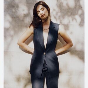 Zara NWT long linen blend vest navy blue 3422/709